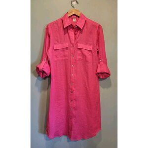 Magaschoni Pink Linen Roll Tab Sleeve Button Up Shirt Dress Pockets Sz M